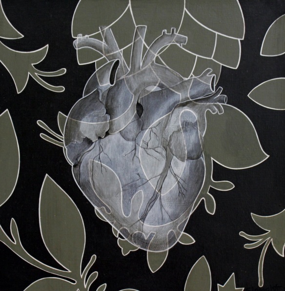 Acrylic on canvas painting by Jill of a heart against a floral background